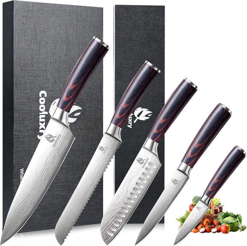 Cooluxry Kitchen Knife Set, Chef Knife, Utility Knife & Paring Knife for Precise Cutting, High Carbon Stainless Steel Professional Chef Knife Set with Wooden Handle, Ultra Sharp Blade (5-Piece) - Image 1